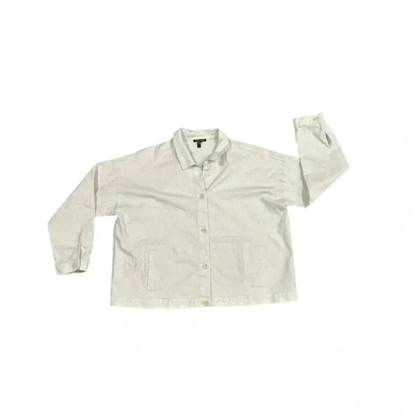 Eileen Fisher Cotton Blend Lightweight Jacket Large Cream Button Pockets Stretch - Picture 1 of 10